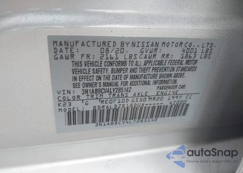 2020 Nissan Sentra Sv Xtronic Cvt from USA, damaged, VIN 3N1AB8CV4LY285142